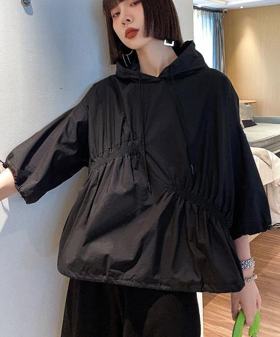 Unique Black hooded Cinched Half Sleeve Top - SooLinen