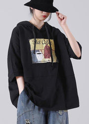 Unique Black hooded Cotton Loose Sweatshirts Top - SooLinen