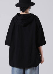 Unique Black hooded Cotton Loose Sweatshirts Top - SooLinen