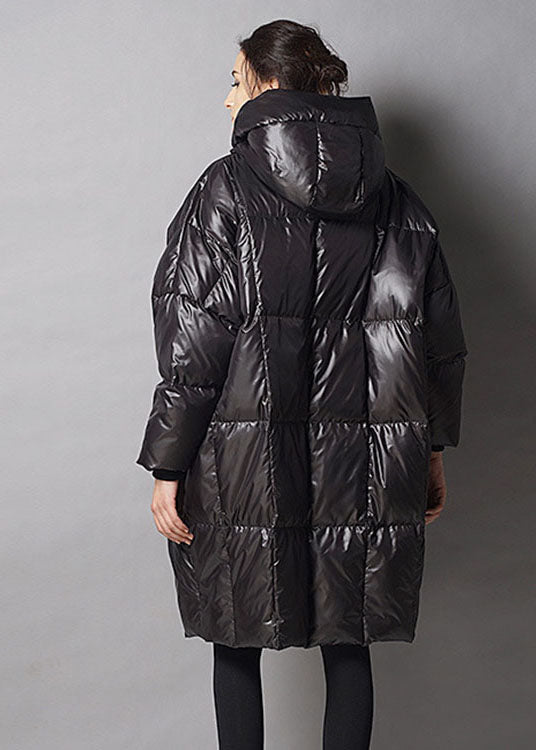 Unique Black hooded zippered Casual Winter Duck Down Thick down coat