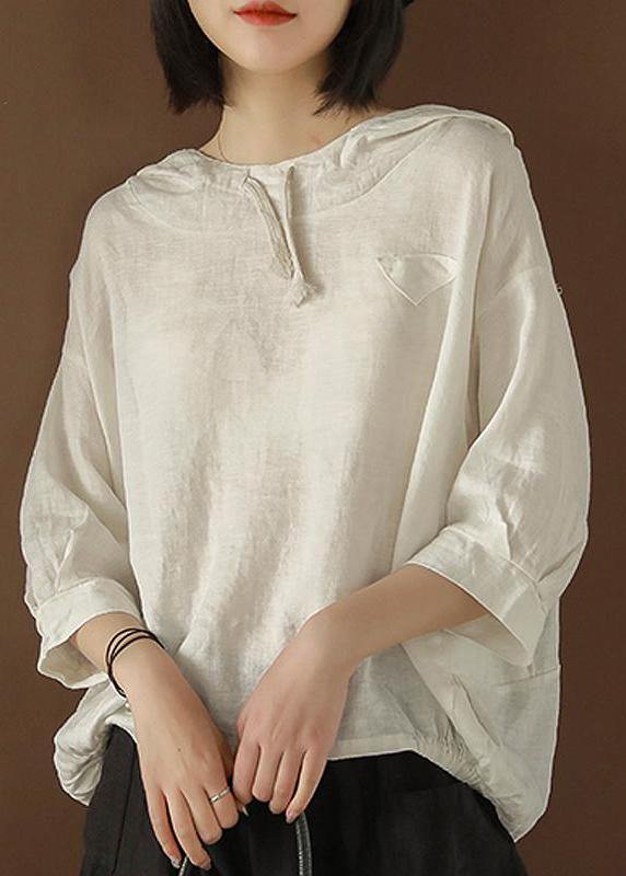 Unique Blouse Indian Linen Summer Literary White Hooded Three Quarter Sleeve T-shirt - SooLinen