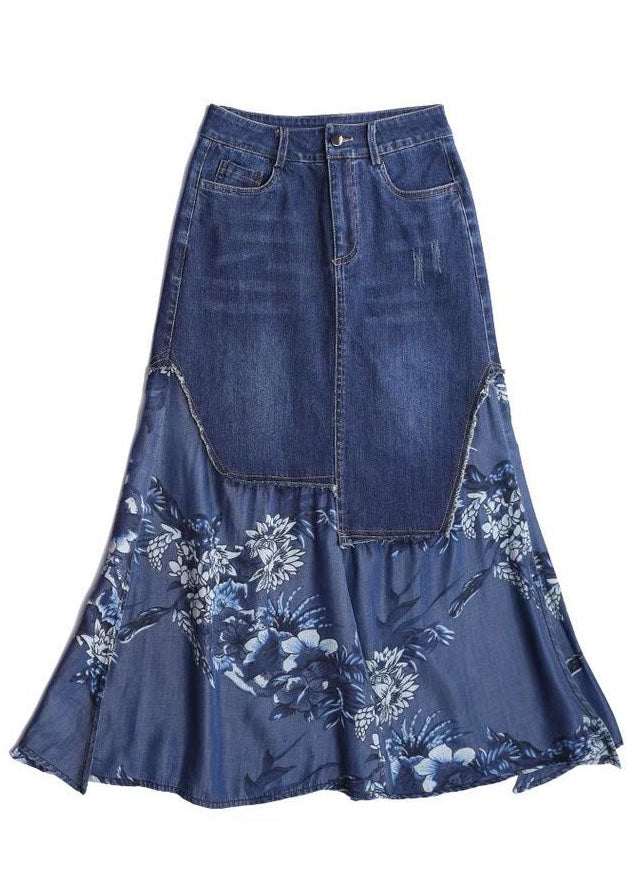 Unique Blue Asymmetrical Chiffon Patchwork Design Denim Skirt Spring