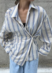Unique Blue Asymmetrical Design Striped Cotton Shirt Top Spring