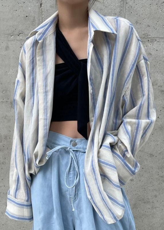 Unique Blue Asymmetrical Design Striped Cotton Shirt Top Spring