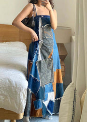Unique Blue Asymmetrical Patchwork Denim Spaghetti Strap Dress Summer