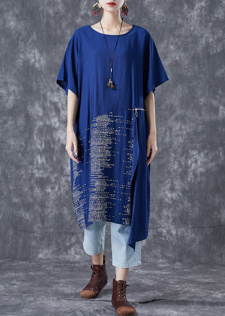 Unique Blue Asymmetrical Patchwork Zippered Cotton Dresses Summer
