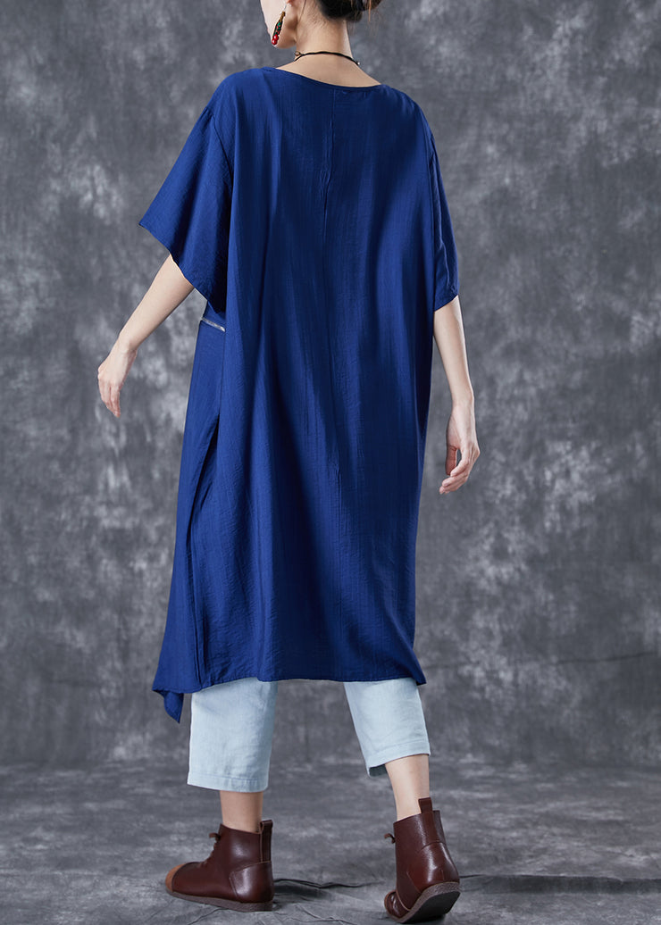 Unique Blue Asymmetrical Patchwork Zippered Cotton Dresses Summer