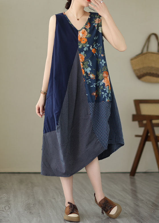 Unique Blue Asymmetrical Print Patchwork Linen Exra Large Hem Dress Sleeveless