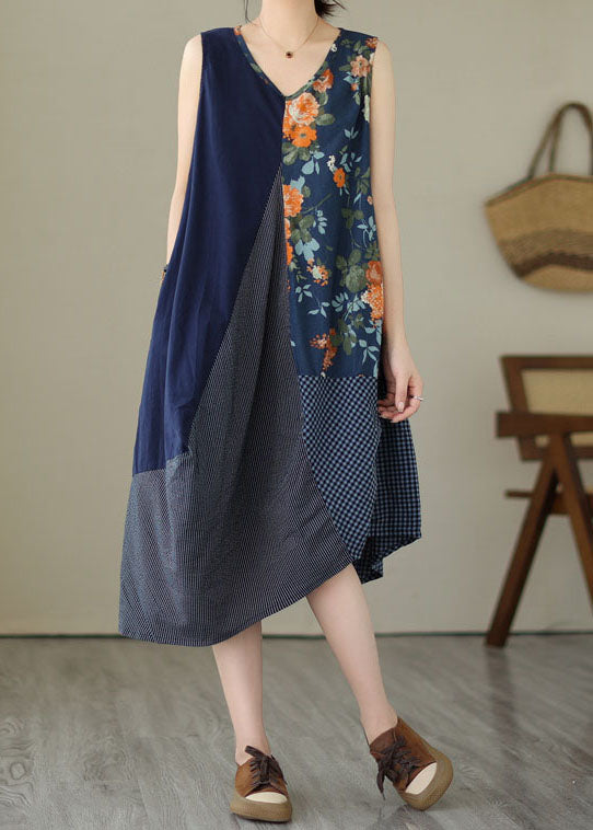 Unique Blue Asymmetrical Print Patchwork Linen Exra Large Hem Dress Sleeveless