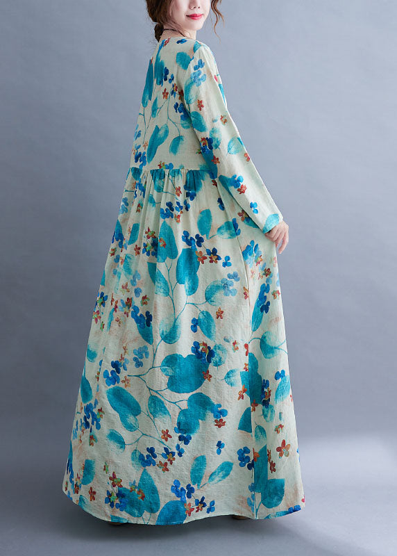 Unique Blue Baggy O-Neck Wrinkled Print Long Dress Long Sleeve