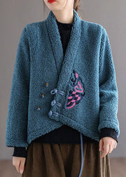 Unique Blue Button V Neck Embroidered Faux Fur Coats Spring