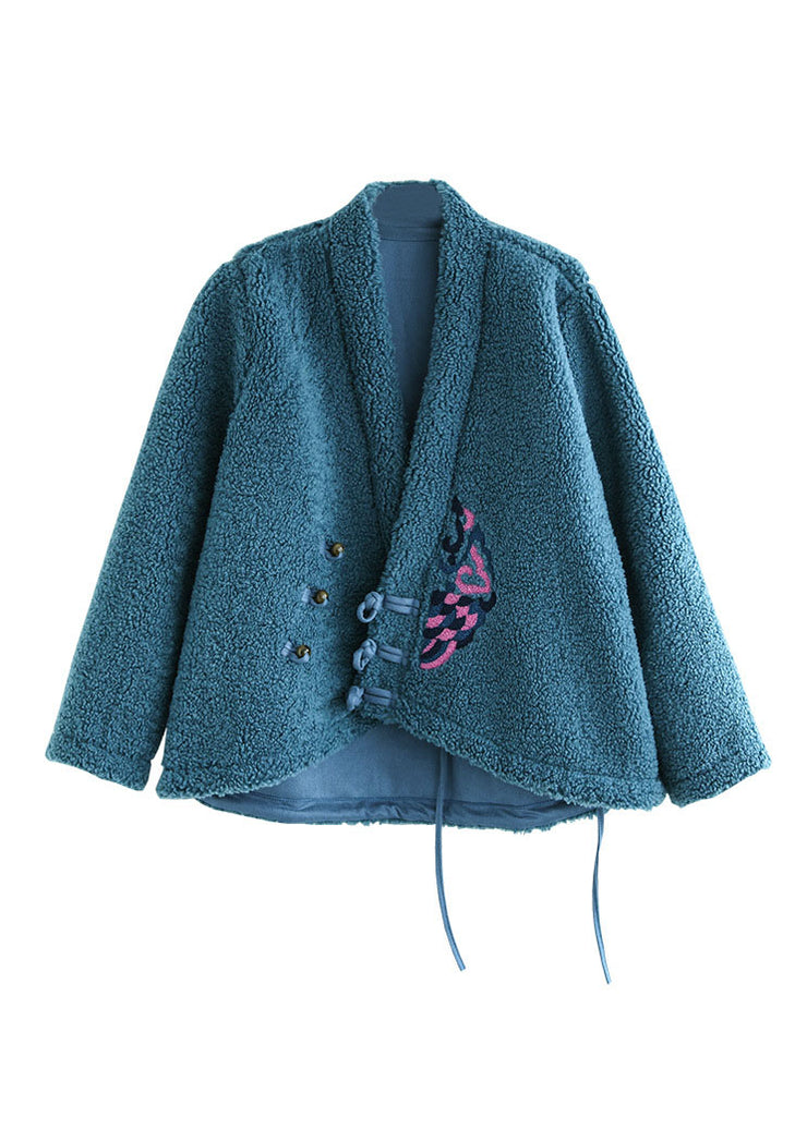 Unique Blue Button V Neck Embroidered Faux Fur Coats Spring