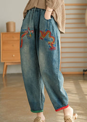 Unique Blue Casual Pockets Embroidered Harem Fall Denim Pants