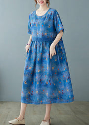 Unique Blue Cinche Patchwork Print Linen Long Dress Short Sleeve