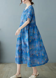Unique Blue Cinche Patchwork Print Linen Long Dress Short Sleeve