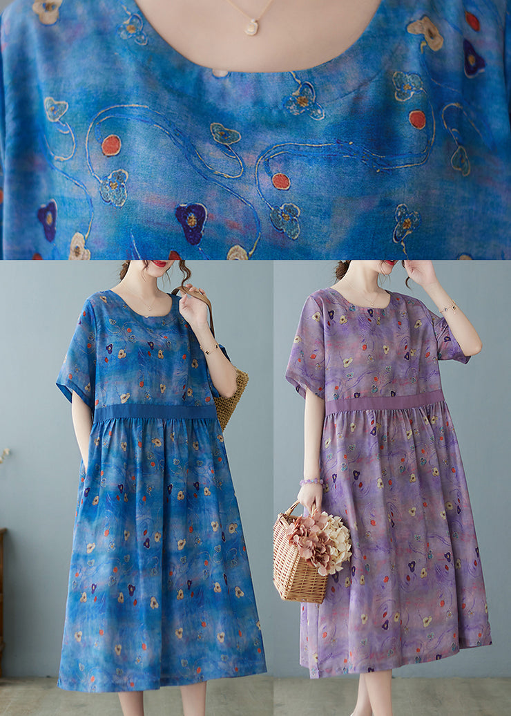 Einzigartiges blaues langes Leinenkleid mit Cinch-Patchwork-Print und kurzen Ärmeln