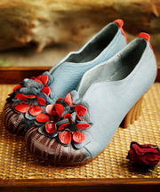 Unique Blue Cowhide Leather Flower Splicing Chunky High Heels
