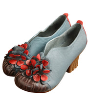 Unique Blue Cowhide Leather Flower Splicing Chunky High Heels