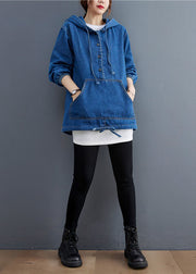 Unique Blue Denim Button Pockets hooded Fall Long sleeve Top