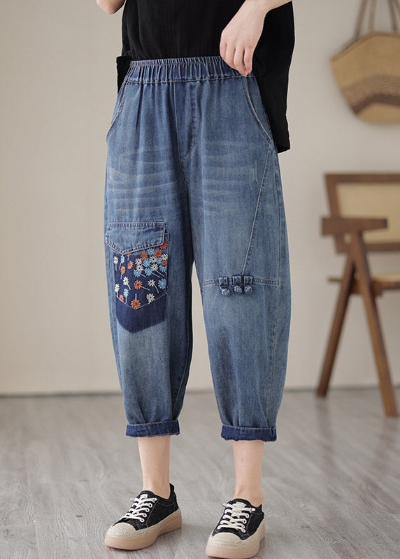 Unique Blue Elastic Waist Embroidered Patchwork Crop Pants Summer