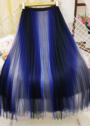 Unique Blue Elastic Waist Gradient Color Wrinkled Tulle A Line Skirts Spring