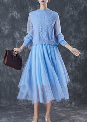 Unique Blue Exra Large Hem Patchwork Knit Dress Spring