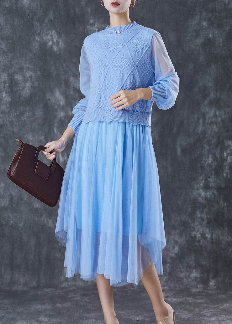 Unique Blue Exra Large Hem Patchwork Knit Dress Spring