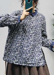 Unique Blue Floral Button Peter Pan Collar Linen Sweatshirts Top Spring