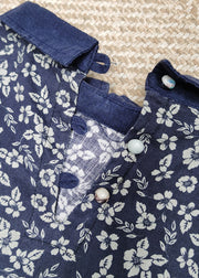 Unique Blue Floral Button Peter Pan Collar Linen Sweatshirts Top Spring