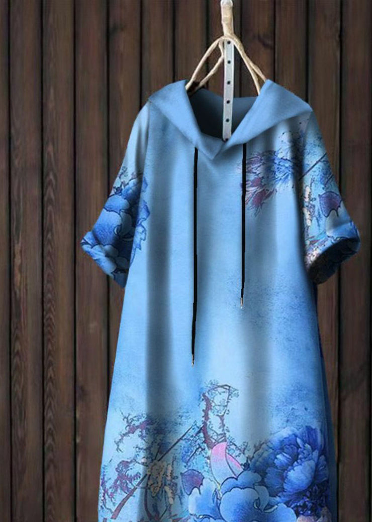 Unique Blue Hooded Print Patchwork Cotton Dress Summer