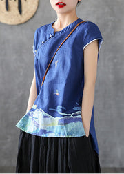 Unique Blue Mandarin Collar Embroidered Cotton Tank Tops Short Sleeve
