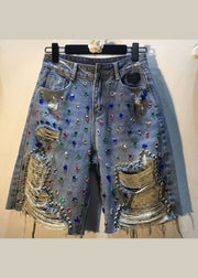 Unique Blue Nail Bead Patchwork High Waist Ripped Shorts Jeans