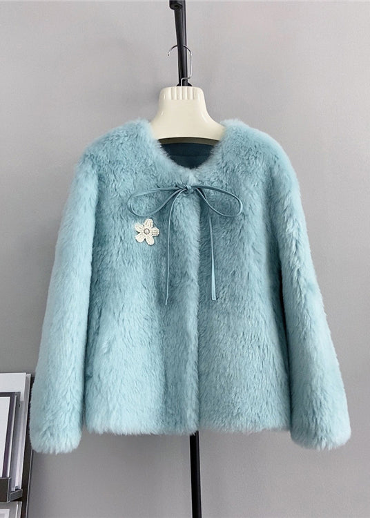 Unique Blue O Neck Bow Floral Decorated Wool Jacket Winter