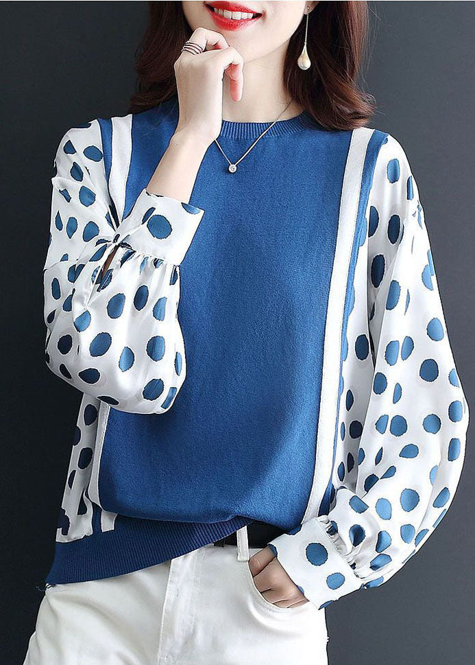 Unique Blue O-Neck Oversized Patchwork Chiffon Knit Top Spring