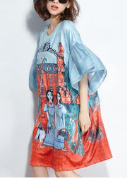 Unique Blue O-Neck Pockets Print Summer Flare Sleeve Party Dress - SooLinen