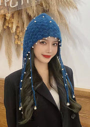 Unique Blue Pearl Tassel Cotton Knit Bonnie Hat