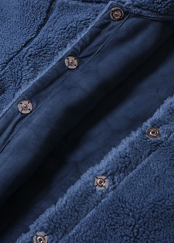 Unique Blue Peter Pan Collar Button Faux Fur thick Winter Coat