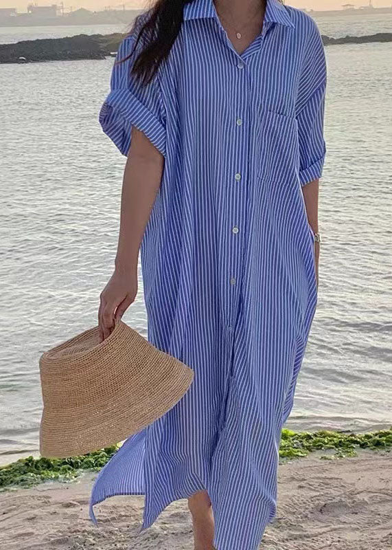Unique Blue Peter Pan Collar Striped Cotton Shirts Dress Summer