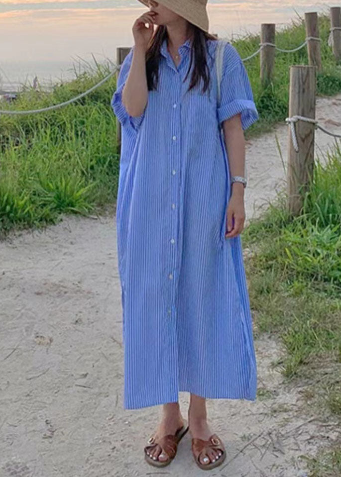 Unique Blue Peter Pan Collar Striped Cotton Shirts Dress Summer