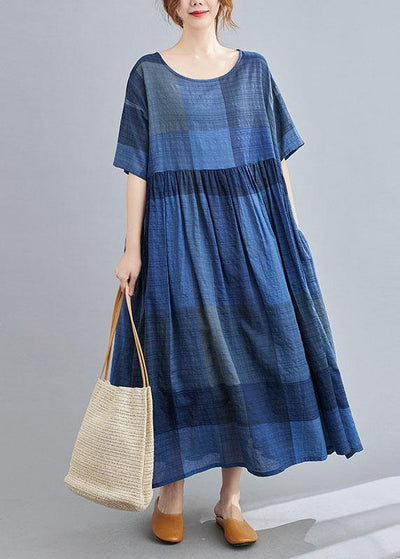 Unique Blue Plaid Casual Pockets A Line Summer Maxi Dresses Half Sleeve - SooLinen