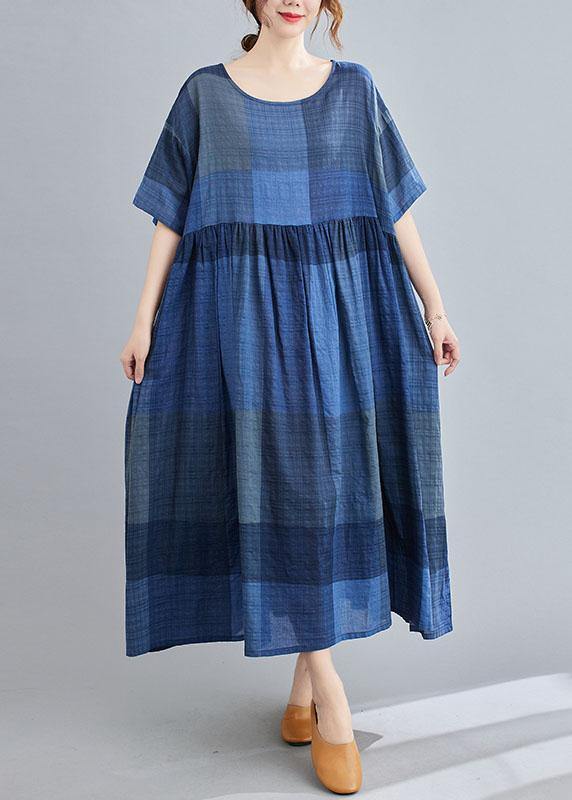 Unique Blue Plaid Casual Pockets A Line Summer Maxi Dresses Half Sleeve - SooLinen
