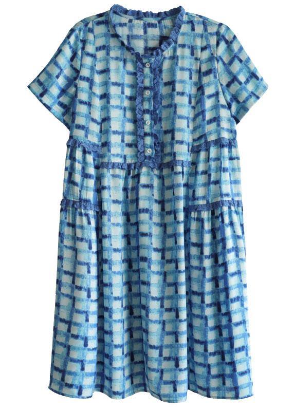 Unique Blue Plaid O-Neck A Line Summer Chiffon Dress Short Sleeve - SooLinen