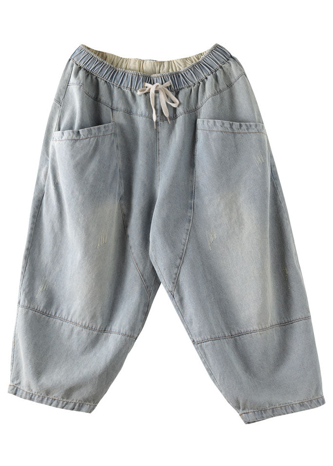 Unique Blue Pockets Patchwork Drawstring Denim Crop Pants Summer