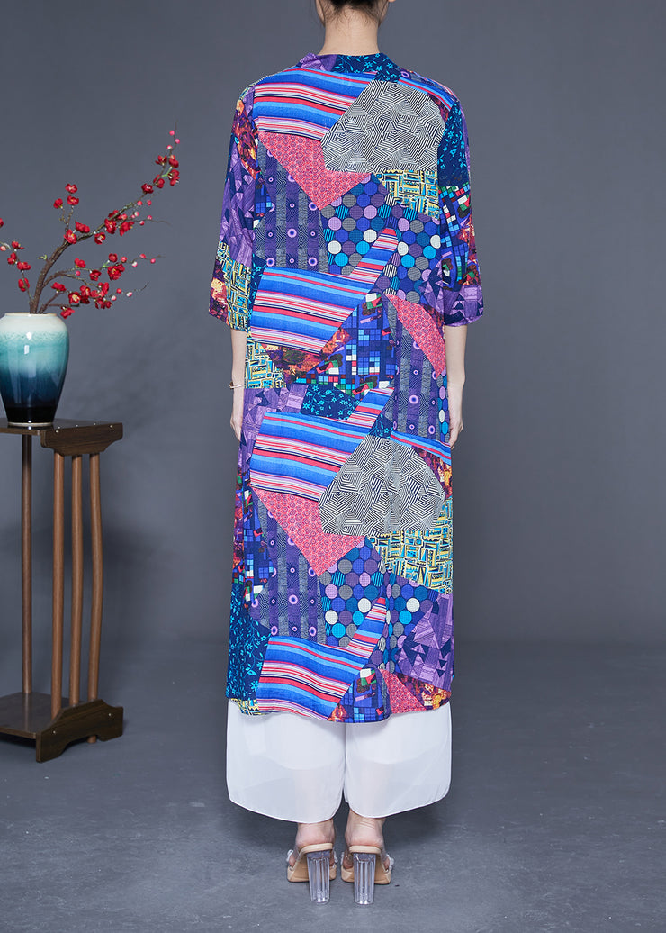 Unique Blue Print Asymmetrical Design Chiffon Long Shirt Summer