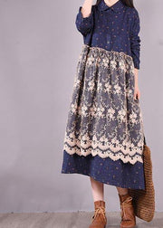 Unique Blue Print Dresses Patchwork Lace Kaftan Spring Dress - SooLinen