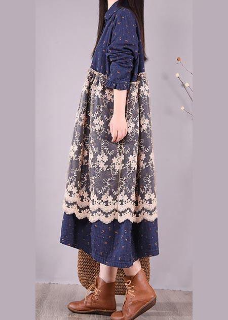 Unique Blue Print Dresses Patchwork Lace Kaftan Spring Dress - SooLinen