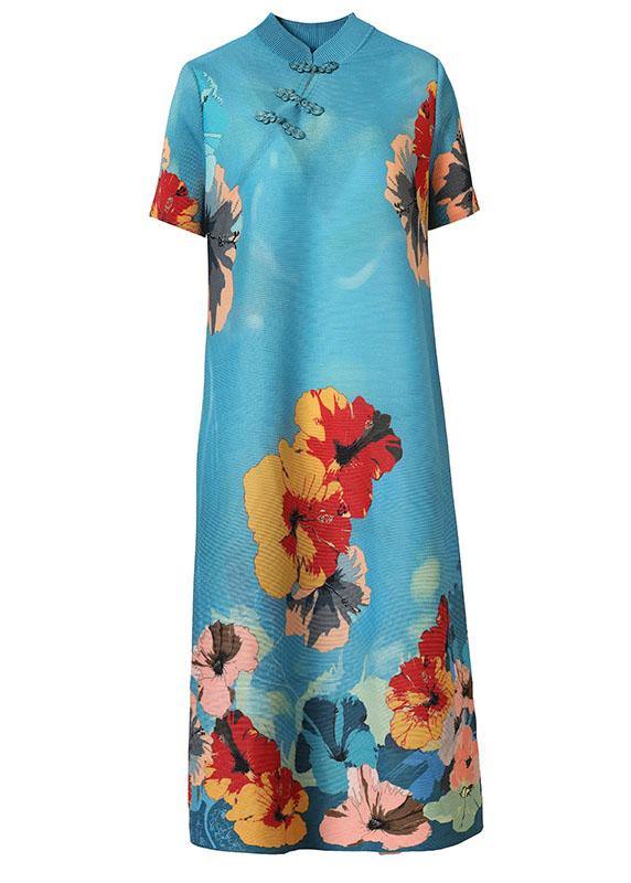 Unique Blue Print Floral Mandarin Collar Maxi Dresses Summer - SooLinen