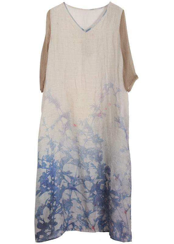 Unique Blue Print Half Sleeve Patchwork Vacation Linen Dresses - SooLinen