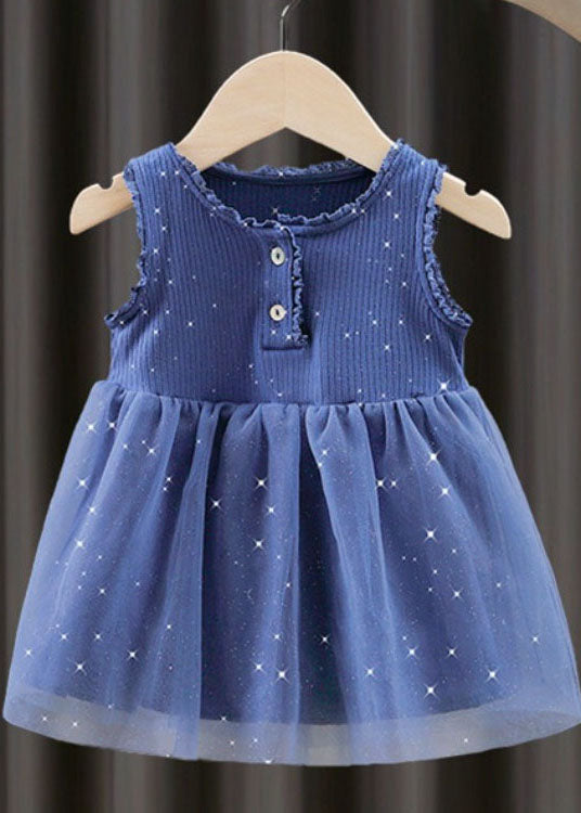 Unique Blue Ruffled Button Patchwork Tulle Kids Girls Dresses Sleeveless