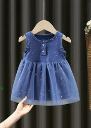 Unique Blue Ruffled Button Patchwork Tulle Kids Girls Dresses Sleeveless